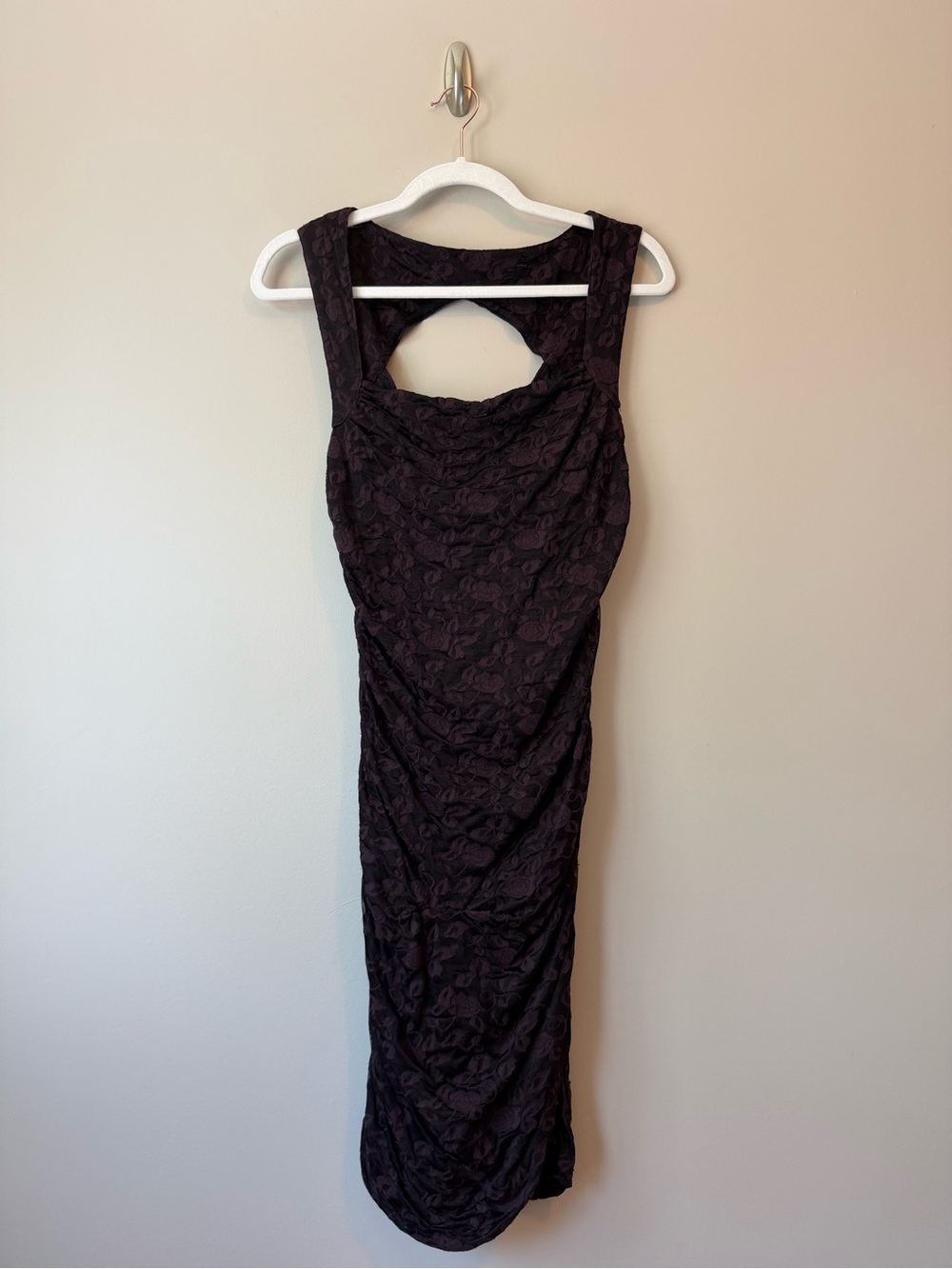 Free People Burgundy Black Jacquard Ruched Cutout Midi Dress Size M VGUC